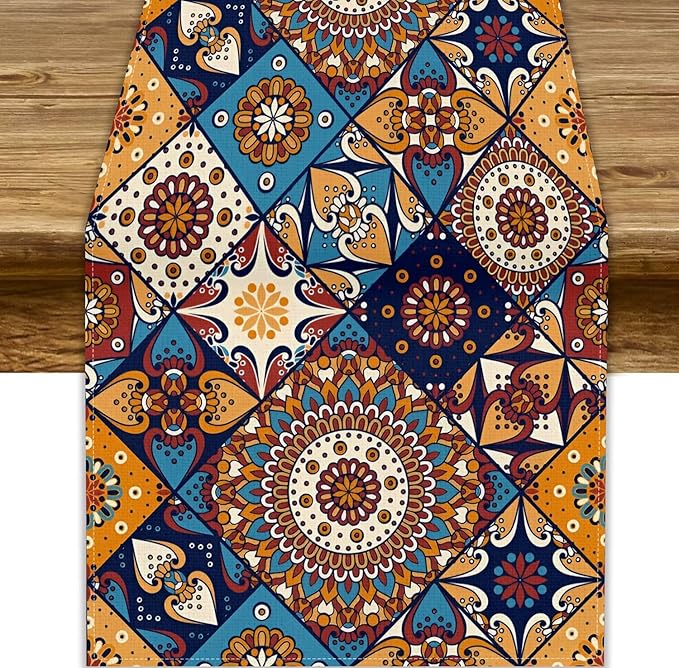 Vintage Mandala Table Runner, Bohemian Brown Blue Tile Traditional Indian Flowers Table Runner for Kitchen Dining Table Office Wedding Party Holiday Home Decor, 13x36inch