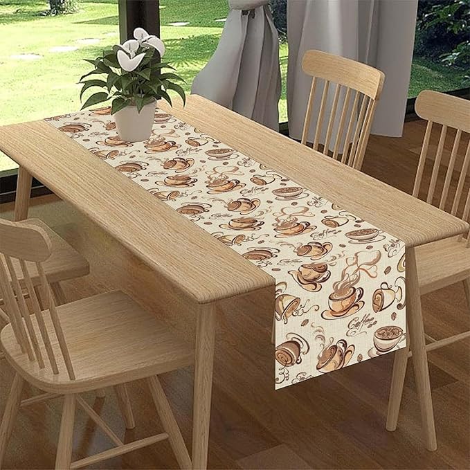 Coffee Time Table Runner, Farmhouse Retro Coffee Cup Tea Party Cafe Table Center Decor for Home Kitchen Dining Patio Holiday Party Indoor Outdoor Table Decorations,13"x72" Inch