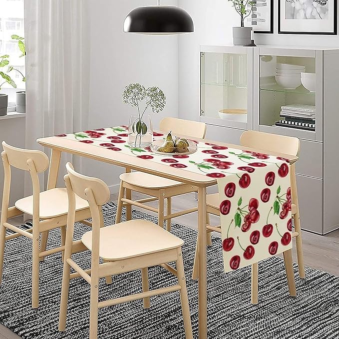 Red Cherry Table Runner Watercolor Tropical Fruit Spring Summer Wild Berry Dinner Runner for Girl Baby Shower Party Holiday Home Kitchen Dining Table Decor 13x120