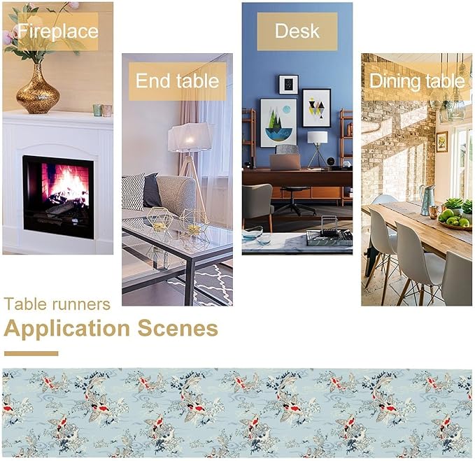 Kio Fish Table Runner Waves Retro Japanese Tradition Art Printed Burlap Runner Home Kitchen Dining Table Living Room Decor Fabric 1 Panel W13xL108in