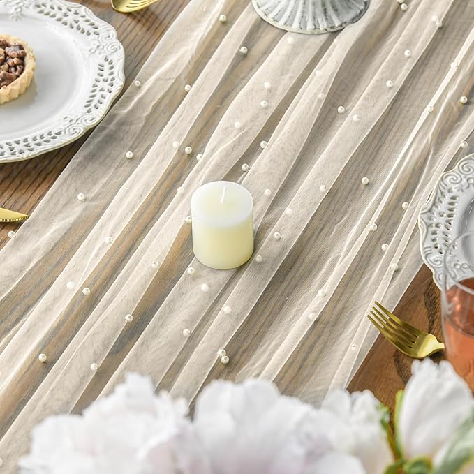 Artoid Mode 6PCS Pearl Beige Gauze Table Runner 120 Inch 10FT, Seasonal Sheer Dining Holiday Wedding Birthday Baby Shower Table Decor for Home Party