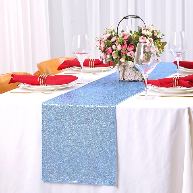 Sequin Table Runners 5 Pieces Baby Blue Table Runners 12x72 Inch Glitter Table Cover for Party Wedding Birthday Reception Banquet Decoration Spring Party Chair Sashes