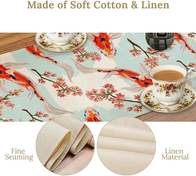 Japanese Kio Fish Table Runner Cherry Flower Art Printed Burlap Runner Home Kitchen Dining Table Living Room Decor Fabric 1 Panel W13xL90in