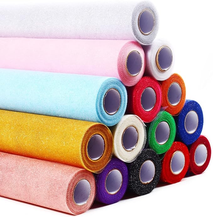 Sparkling Tulle Rolls, 15” by 30 Yards (90FT) Glitter Tulle Spool Ribbon Fabric for Wedding Birthday Bridal Shower Tutu Skirt Party Gift Wrapping (Orange)