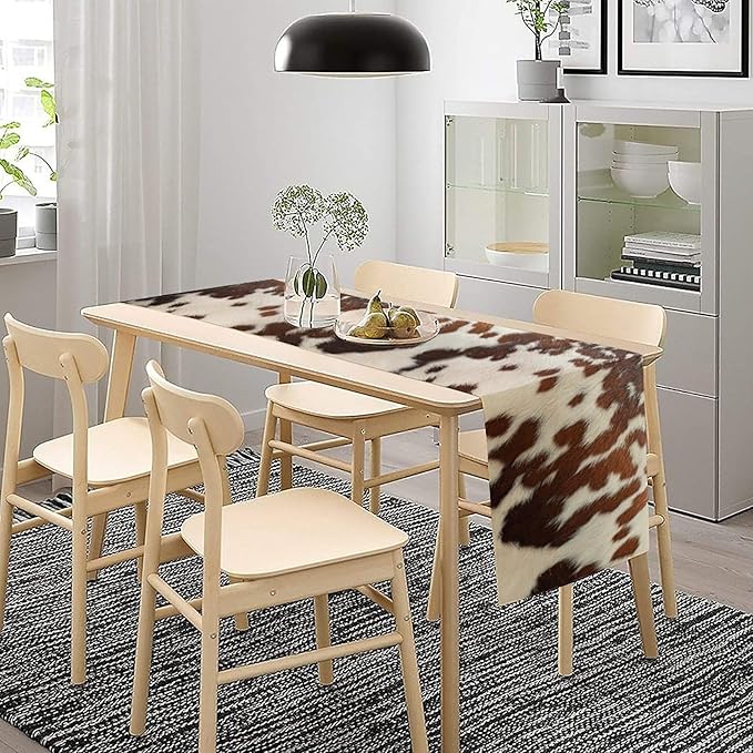 Farmhouse Cow Skin Print Table Runner, Safari Wildlife Brown Country Farm Cowhide Pattern Cotton Linen Rustic Cottage Table Runner for Dinning Home Party Holidays Home Setting, 13x60 Inch