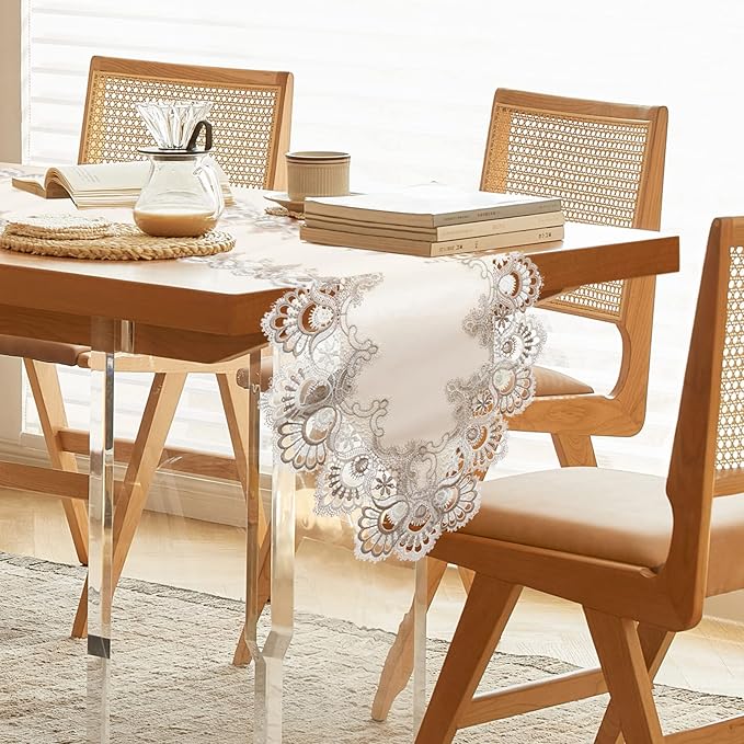 Vintage Lace Dining Table Runner, 120 Inches Floral Coffee Table Runners for Kitchen Home Christmas Party Decorations (16x120 inch, Off White)