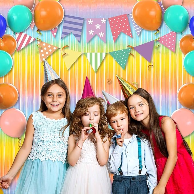 6 Pack Light Rainbow Foil Fringe Curtains Backdrop, 3.28 x 8.2 Ft Metallic Streamers Tinsel Curtains Background for Photo Booth, Birthday, Weddings, Carnivals, Graduation, Themed Party Decorations