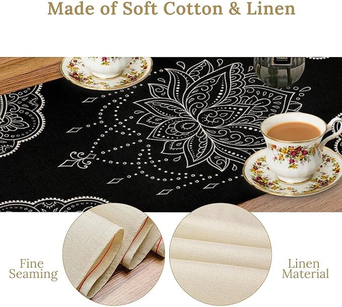 Lotus Flower Table Runner, Bohemian Ethnic Oriental Mandala Black White Floral Print Table Runner for Home Kitchen Dining Indoor Outdoor Dinner Party Decor, 13x36inch