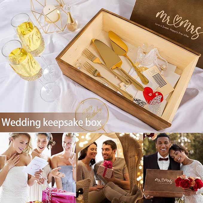 Champagne Glasses Set, Gold Mr and Mrs Flutes with Cake Knife, 6 Piece