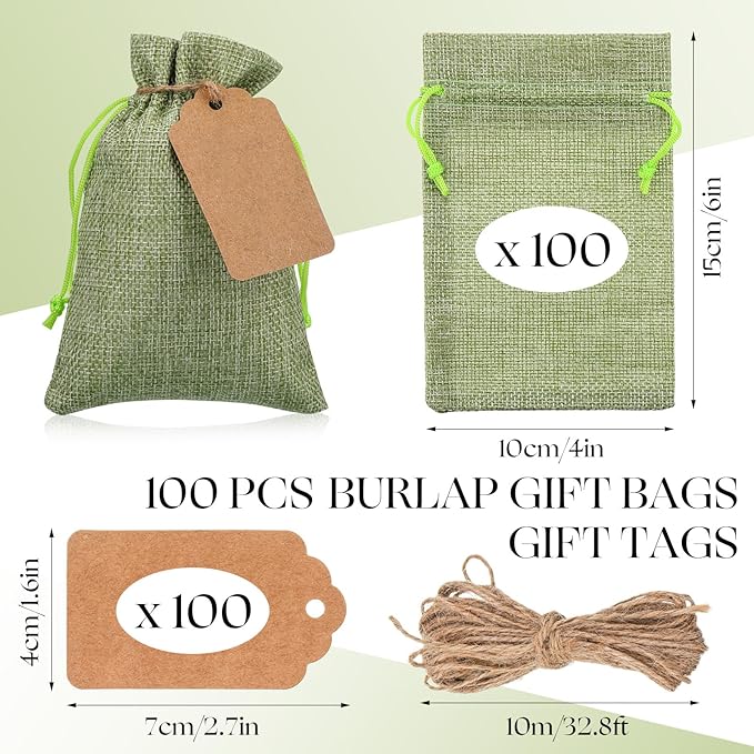 Burlap Gift Bags in Sage Green, 100 Pack with Drawstring