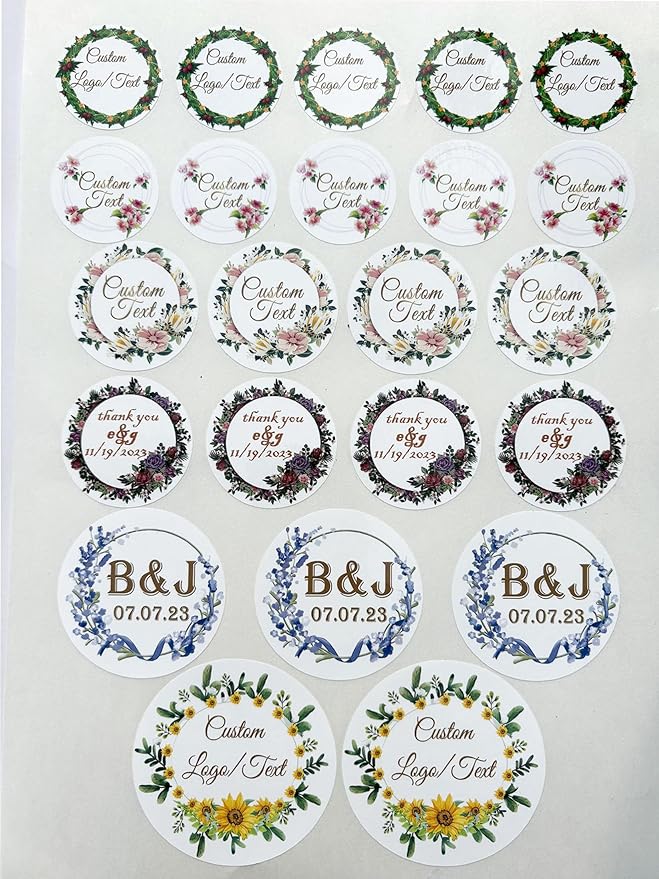 Custom Stickers for Weddings, Birthdays & Businesses - Personalized Labels with Your Logo - Waterproof, Fade and Heat Resistant - Pack of 100-1000 (Wreath M, 3.5 Inch)