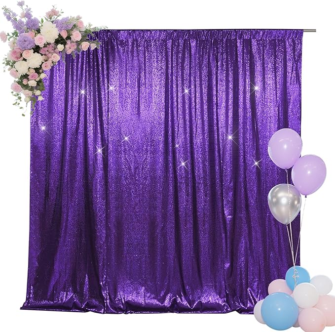 SquarePie Sequin Backdrop Less Transparent Background Sparkly Curtain for Wedding Halloween Party 8FT x 8FT Purple