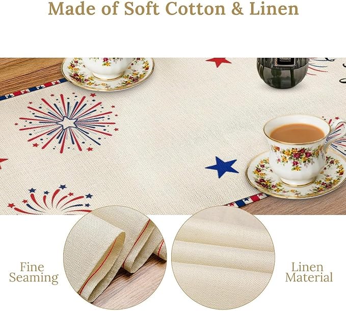 Cute Patriotic Gnomes Table Runner, American Independence Day 4th of July Gnome Blue Red Fireworks Confetti Print Table Runner for Home Kitchen Dining Table Party Decor, 13x60inch