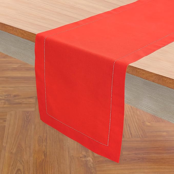 Solino Home Cotton Linen Table Runner 60 Inches - Poppy Red Hemstitch Table Runner 14 x 60 Inch Ideal for Dresser and Coffee Tables - Halloween