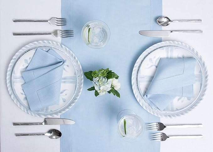 Solino Home Linen Sky Blue Table Runner 72 Inches Long - 100% Pure Linen Hemstitch Table Runner 14 x 72 Inch for Dresser, Dining, Holiday - Classic Hemstitch