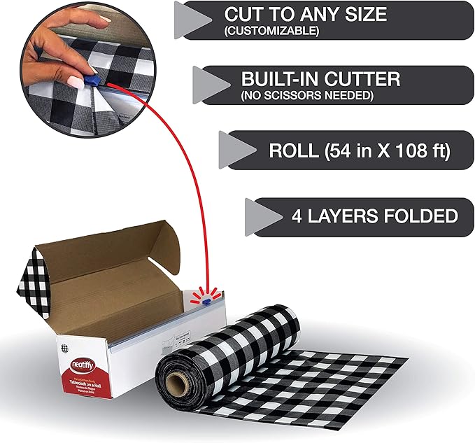 Tablecover Roll, Black Checkered Plastic, 54 x 1296 Inch with Slide Cutter