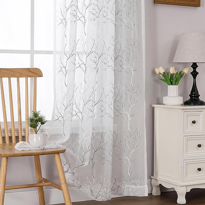 VISIONTEX Sheer Curtains 72 inch Length 2 Panels Set, Decorative Grey Coral Embroidery, Rod Pocket Embroidered Window Drapes for Living Room and Bedroom, 54" x 72"