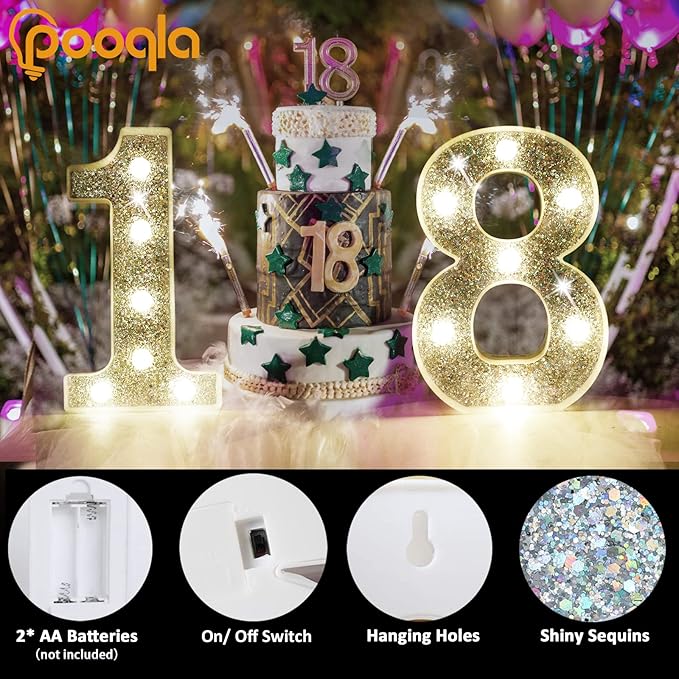 Pooqla Marquee Light up Numbers, Lighted Numbers for 4th Birthday Decorations, Night Light Battery Powered for Silver Party Decorations, Gift for Boys Girls Christmas Wedding Home Room Decoration