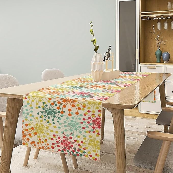 Mid Century Flower Table Runner, Colorful Geometric Abstract Chrysanthemum Vintage Farmhouse Decorations Orange Yellow Gray Table Runner for Kitchen Dining Holiday Party Decor, 13x36 Inch