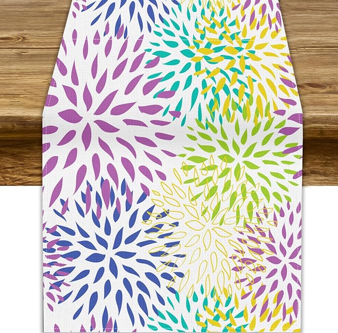 Purple Flowers Table Runner, Chrysanthemum Dahlia Vintage Modern Colorful Spring Summer Elegant Table Runner for Party Kitchen Dining Living Room Laundry Room Decor, 13x90 Inch