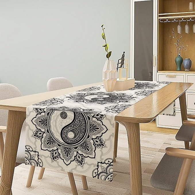 Yin Yang Table Runner, Bohemian Mandala Vintage Black White Traditional Oriental Floral Print Table Runner for Home Kitchen Dining Table Wedding Party Decor, 13x90inch