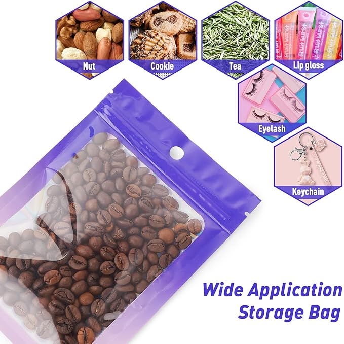 Funfery 100 Pack Gradient Holographic Bags,Resealable Bags with Zipper,Clear Window Packaging Pouch,Foil Bag for Food Storage,Sample Jewelry Baggies(3×4.7In,Purple Pink)