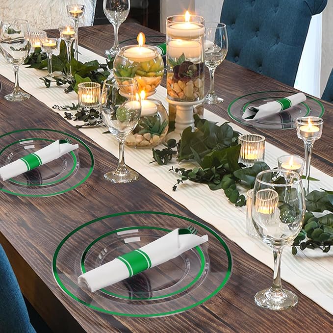 Disposable Green Party Plates Set, 350 Pieces for 50 Guests