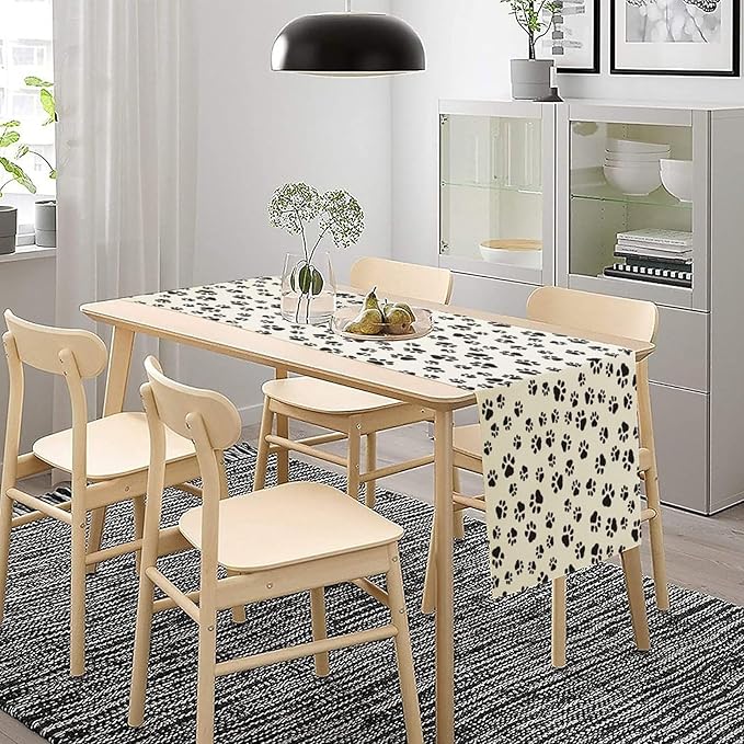 Dog Paws Table Runner,Cartoon Cute Black White Animal Footprints Abstract Tablecloth Burlap for Hotel Indoors Outdoor Dining Room Kitchen Home Decor,W13X L108 in