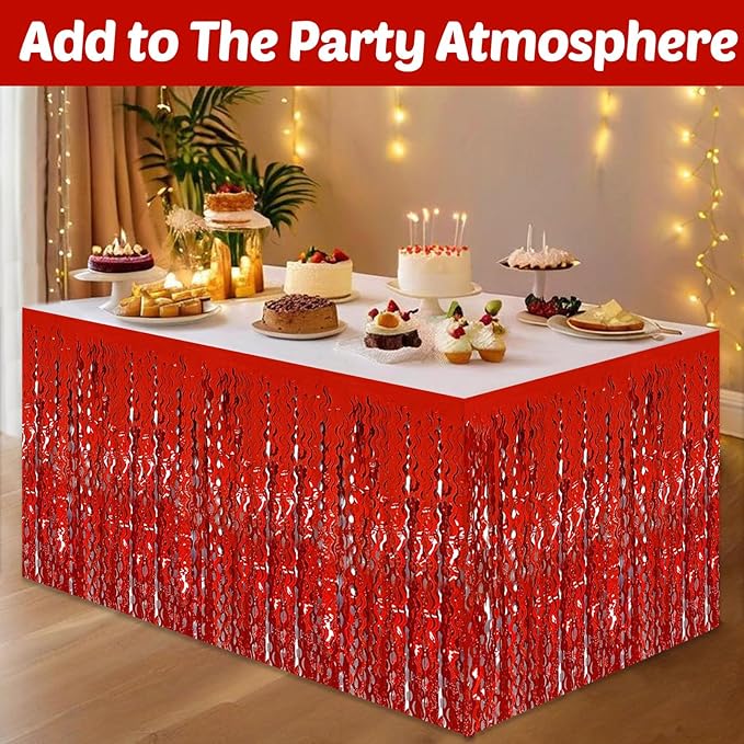6 Pack 29x108 Inch Red Wave Foil Fringe Table Skirts Metallic Banner for Tinsel Streamer Garland Backdrop for Parade Floats Mother's, Graduate, Mardi Gras, Birthday, Wedding Party Decorations