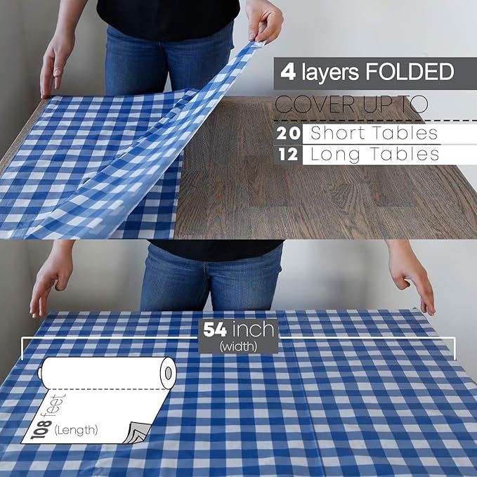 Blue Gingham Disposable Plastic Tablecover Roll, 54-Inch Wide