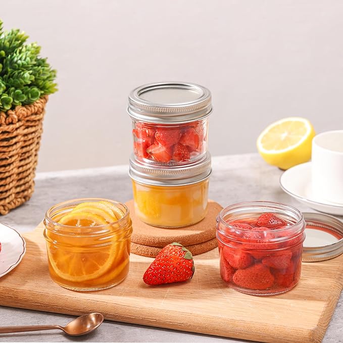 ComSaf Mini Mason Jars 4oz - 16 Pack, Regular Mouth Mason Jar with Lids and Seal Bands, Small Glass Canning Jar for Spice, Jam, Honey, Jelly, Dessert, Shower Wedding Favors, DIY Candles Decor