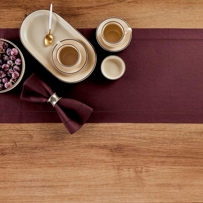 Solino Home Linen Burgundy Table Runner 120 Inches Long - 100% Pure Linen 14 x 120 Inch Table Runner for Fall, Autumn, Thanksgiving, Christmas, Holiday - Classic Hemstitch