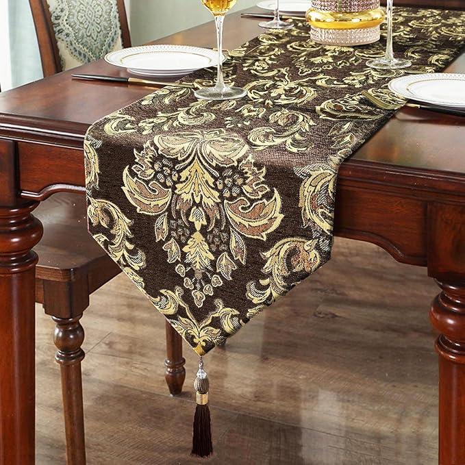 European Royal Table Runners Retro Flowers Luxury Jacquard with Tassels Dark Brown 13x60