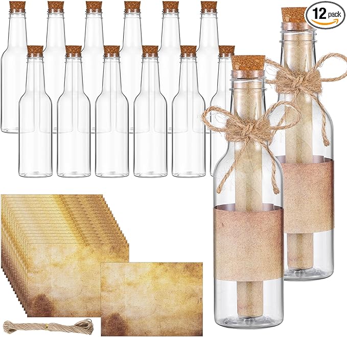 Baderke 12 Pcs 5.6 oz Message Bottles with Letter Printer Paper Plastic Bottles & Corks Twines for Message Invitations Birthday Wedding Baby Shower DIY Crafts Gift Party Favors (Vintage)