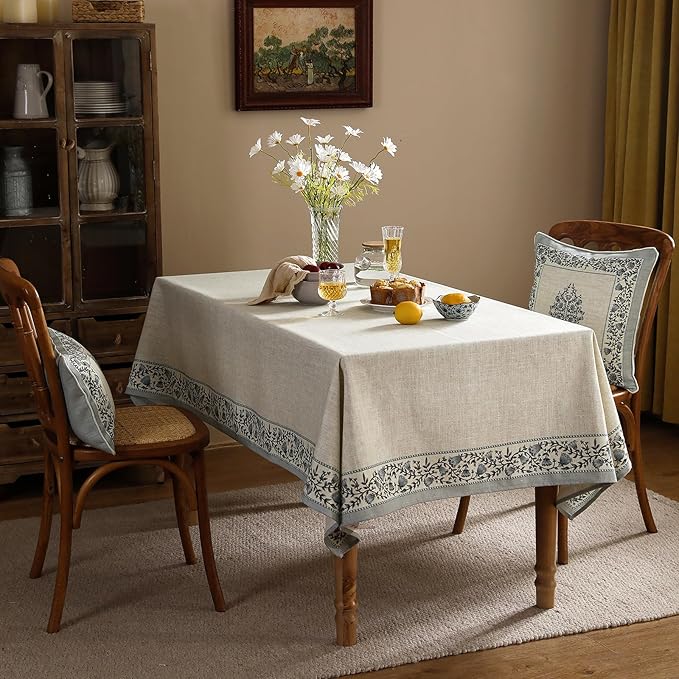Square Tablecloth 67 x 67 Inch Linen Polyester Blend, Floral Design