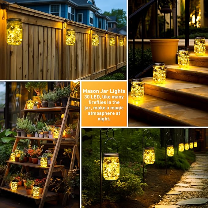 String Lights: Solar Mason Jar Lanterns, 8 Pack with 30 LEDs Each