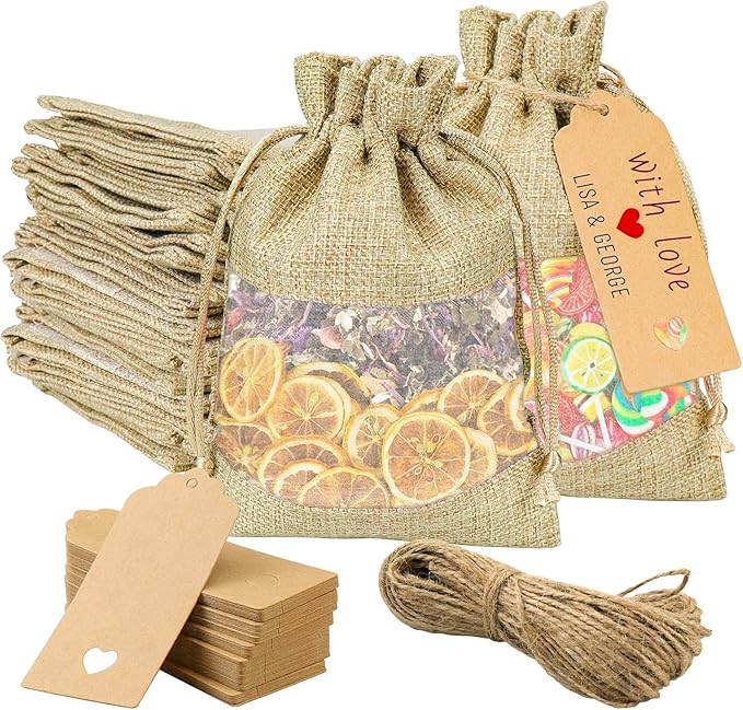 Burlap Gift Bags 6 x 9 Inch Sheer Drawstring Bags, 50 Count with Tags