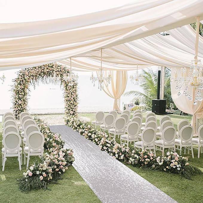 Aisle Runner, Silver Sequin, 3 x 15 Ft for Indoor and Outdoor Weddings