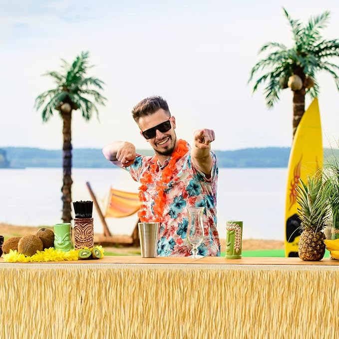 Fovths 1 Pack Luau Grass Table Skirt Fringe Straw Grass Skirt 108 x 30 Inch Hibiscus Hawaiian Table Skirts Rectangle Tropical Luau Party Decorations for Hawaiian Luau Decorations