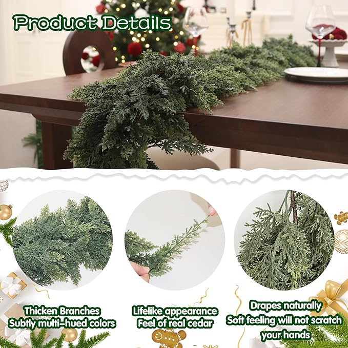 Green Cedar Garland, 9 Feet Long, Soft PE Foliage for Holiday Decor
