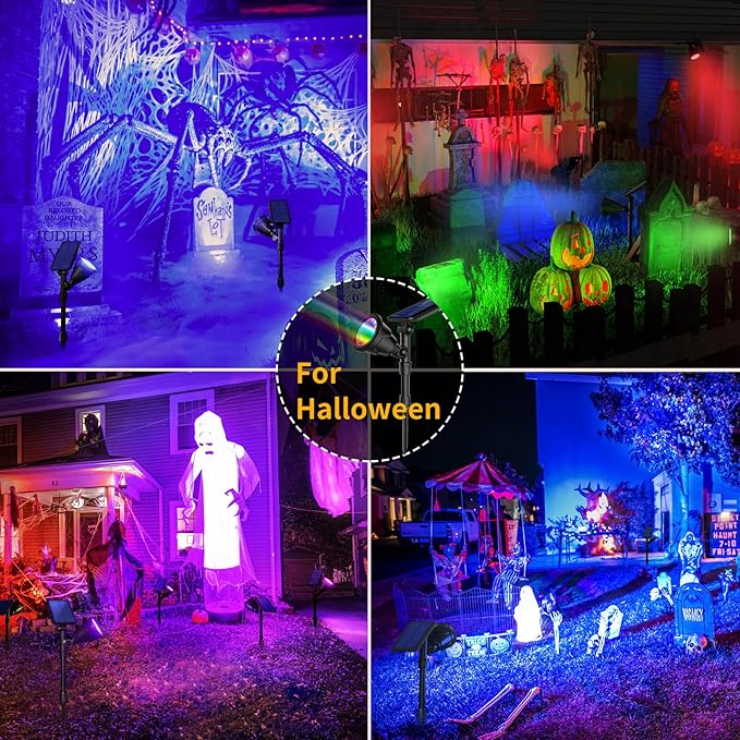Solar Spotlights 2 Pack, Outdoor Halloween Lights, 7 Colors, IP65