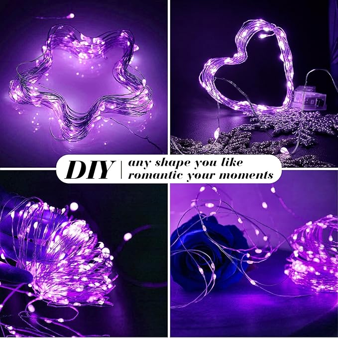 ZGWJ 100 Pack Fairy Lights Battery Operated, 7ft 20 Mini LED Fairy String Lights Silver Wire 3 Modes for DIY, Parties, Wedding, Bedroom, Halloween Christmas Decoration Purple