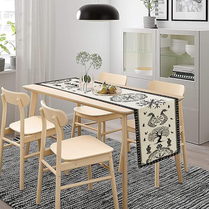 Ancient Abstract Pattern Table Runner, Tree of Life Eagle Dragon Boat Rudder Black and White Table Runner for Party Kitchen Dinner Cafe Bedroom Living Room Outdoor Table Runner 13x120 Inch