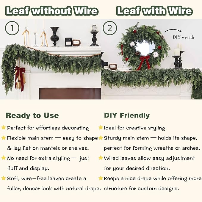 Green Cedar Garland, 9 Feet Long, Soft PE Foliage for Holiday Decor