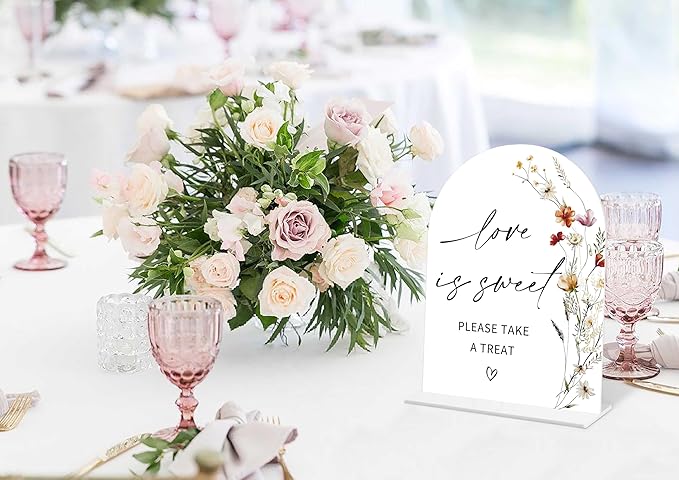 Boho Floral Love is Sweet Sign, 6 x 8 Inch White Arch Acrylic Wedding Sign with Holder, Wedding Sign for Ceremony and Reception, Wedding Decoration, Wedding Supplies - BX07