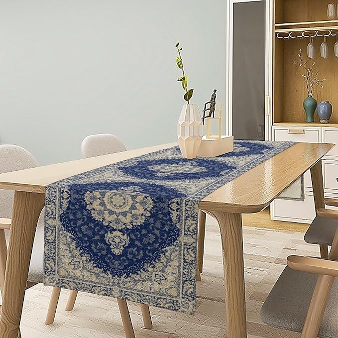 Boho Bohemia Style Dark Blue Table Runner, Country Rustic Farmhouse Magical Abstract Print Pattern for Home Kitchen Table Decor Dining Coffee Room Garden Party Decor 13x36in