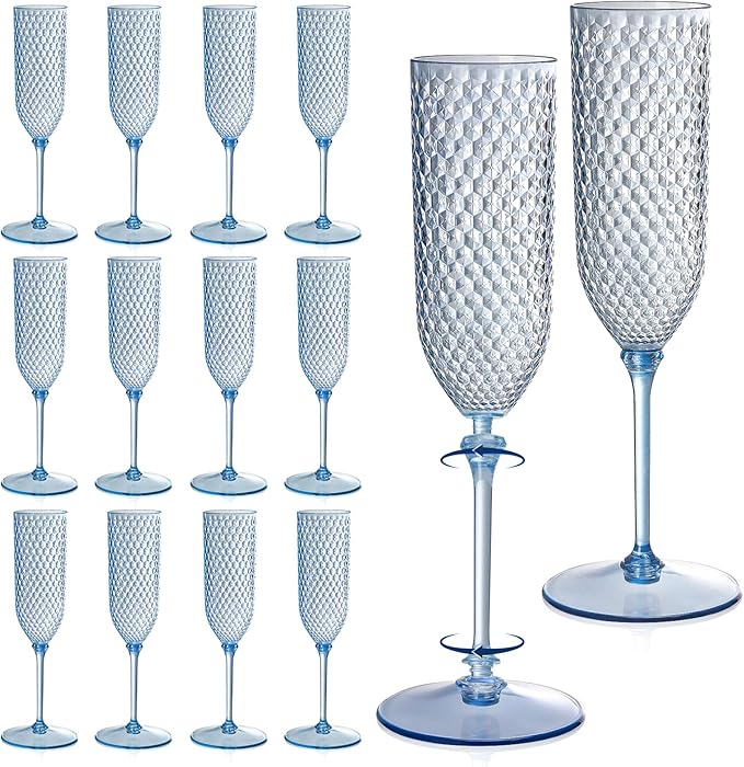 Champagne Glasses 24 Pack Dusty Blue Plastic Flutes, 5.5 oz