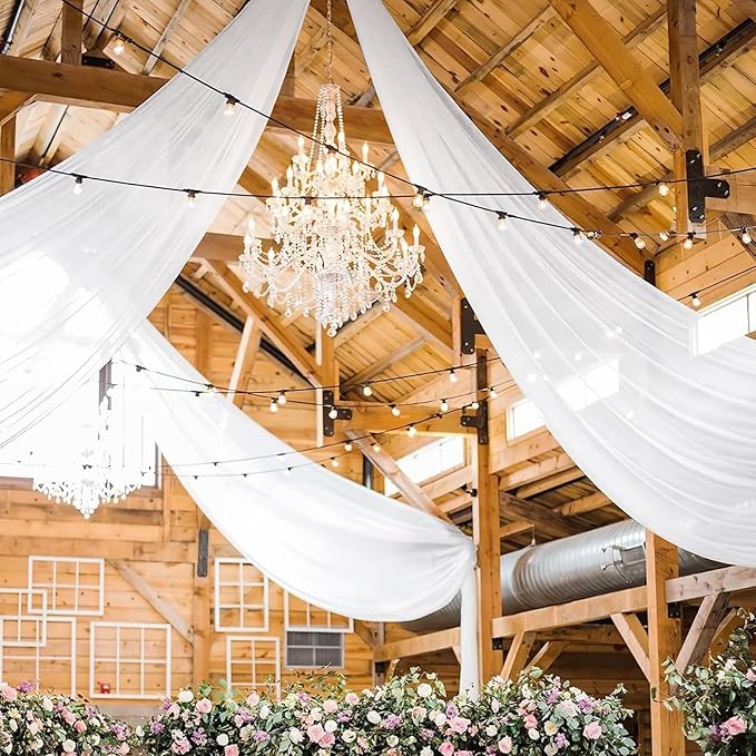 4 Panels White Ceiling Drapes for Wedding 5ftx30ft Sheer Drapery Chiffon Fabric Arch Draping Curtains for Party Ceremony Birthday Baby Shower Reception Stage Ceiling Decorations