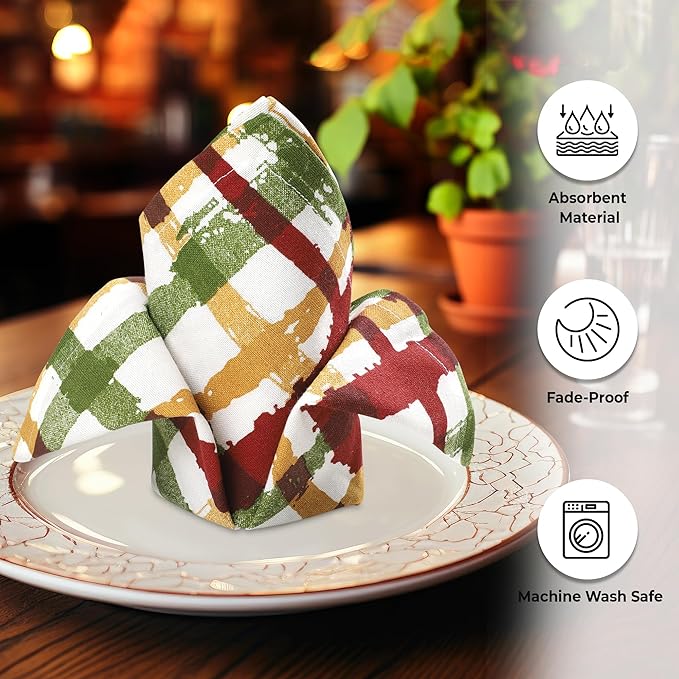 Cloth Napkins Set, Fall Plaid Cotton Dinner Napkins, 20x20 Inch Rectangular