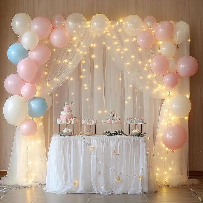 Tulle Backdrop Curtain with Lights String 10FT X 8FT Ivory Sheer Tulle Backdrop Curtains for Wedding Birthday Party Reception Photo Booth Background Decorations (2 Panels 5x8FT)